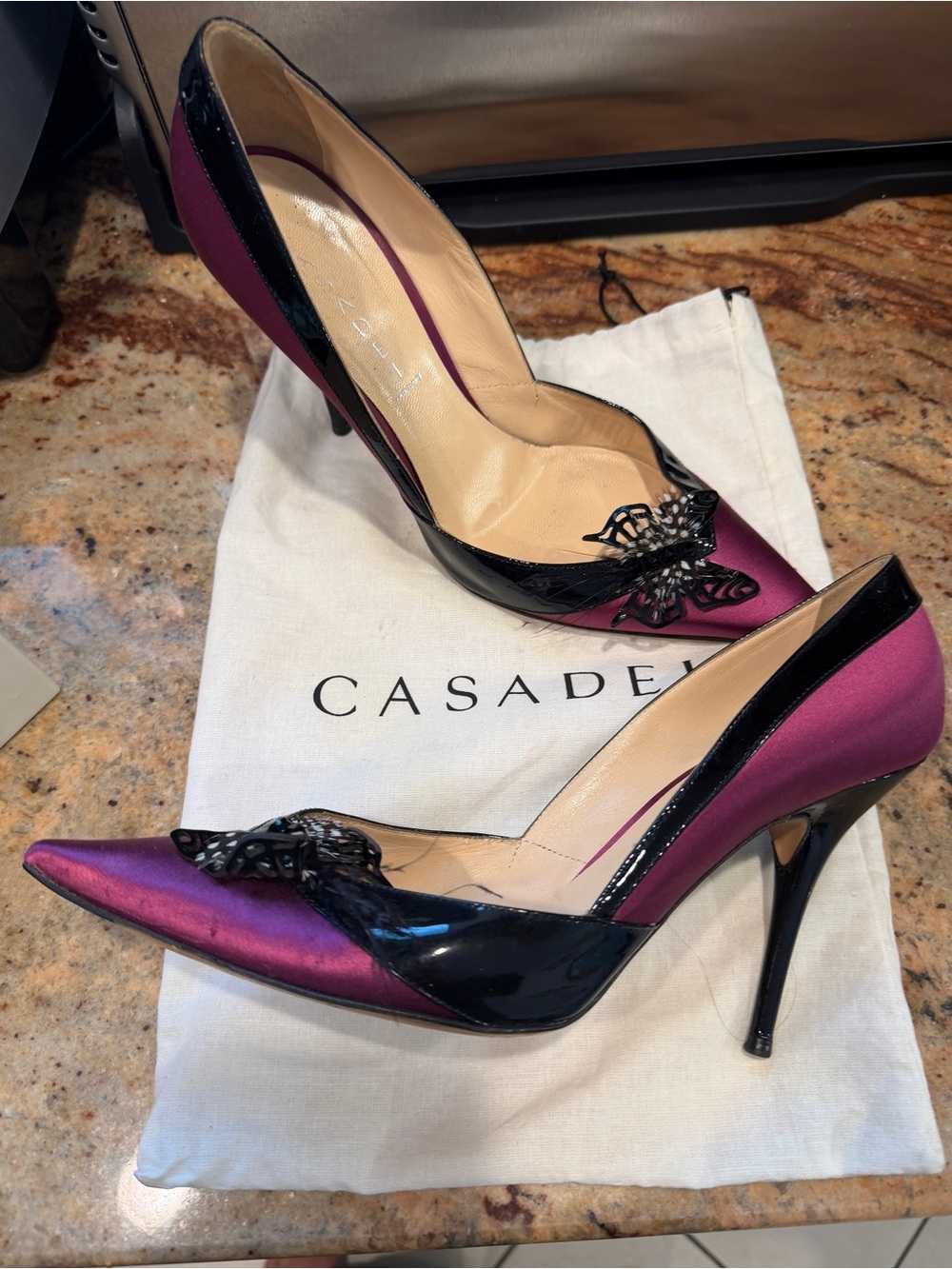 Casadei Women's Fuchsia Satin and Black Patent Leather Pointed Toe Pumps Vintage